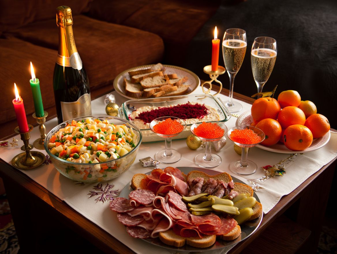 Новогодний стол Стол с новогодними блюдами