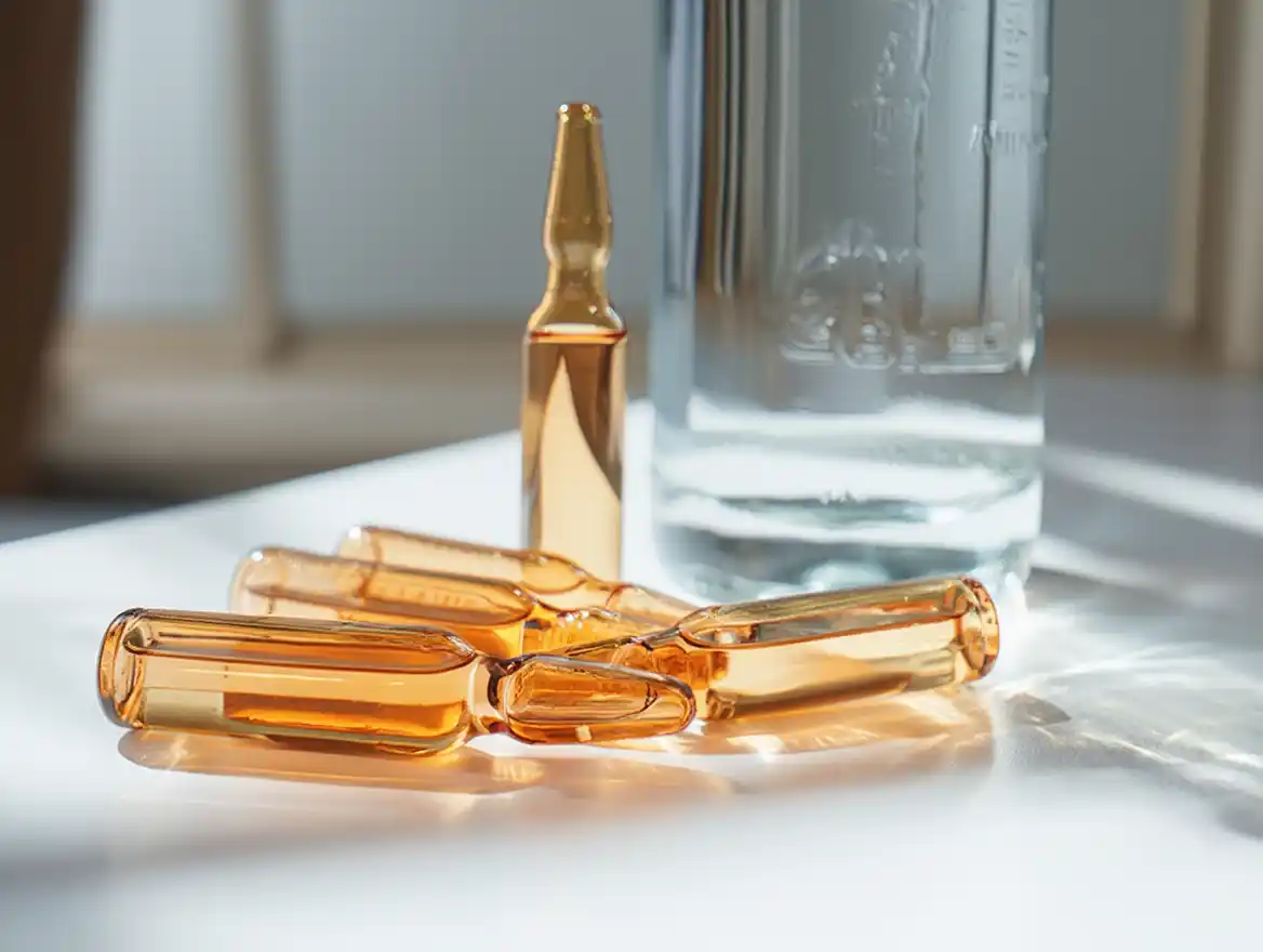 Ампулы с мидокалмом лежат на столе рядом с бутылкой водки