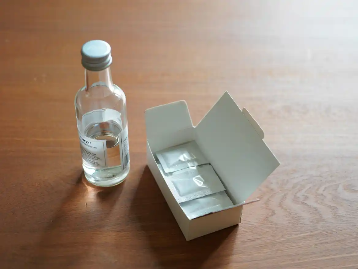 На столе стоит бутылка водки и упаковка нимесила