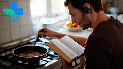 Мужчина читает книгу, готовит и разговаривает по телефону