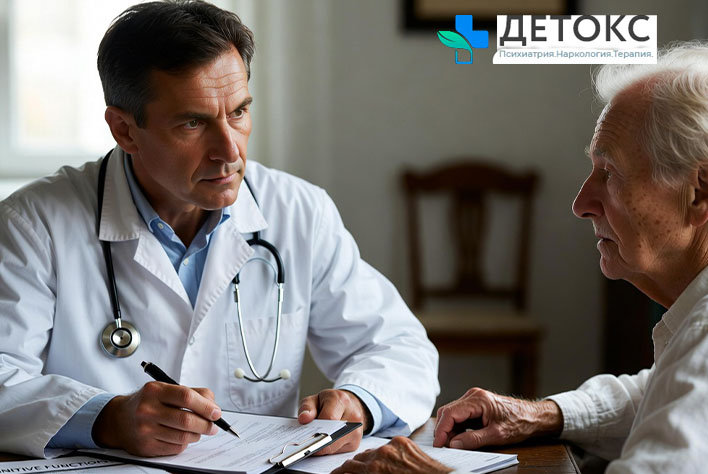 Специалист оказывает психиатрическую помощь пожилому человеку дома